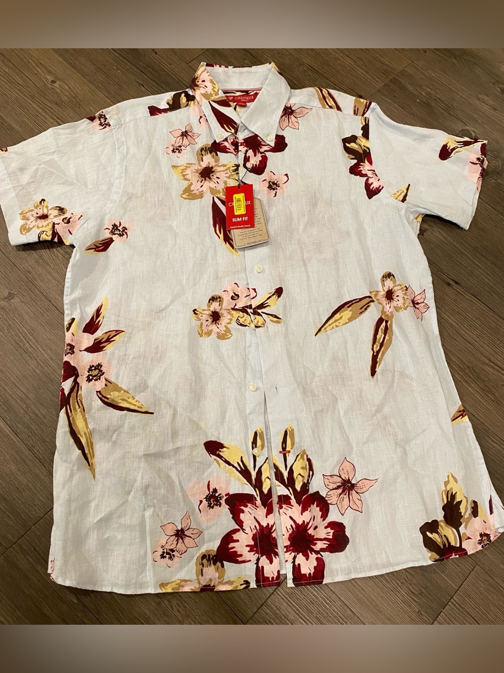 Cremieux Floral Button-Down Shirt 100% Linen- White with Red & Yellow Flowers